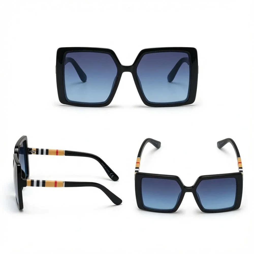 Women Oversized Square Sunglasses‎ Black Frame Blue Gradient Lens Classic Modern
